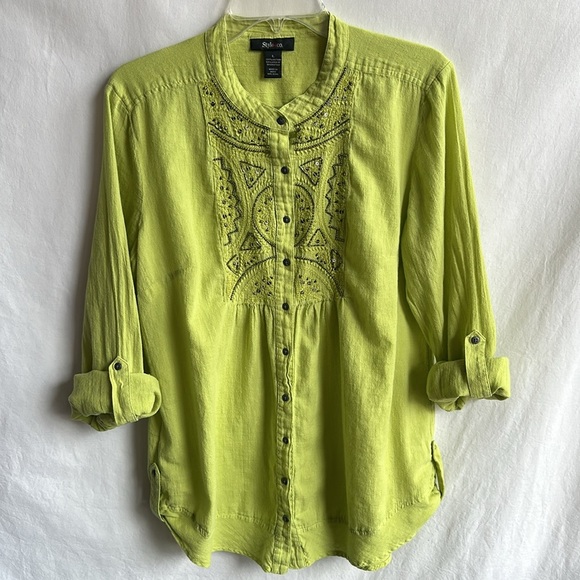 Style & Co. lime green cotton blouse with beading, size L - Picture 4 of 8